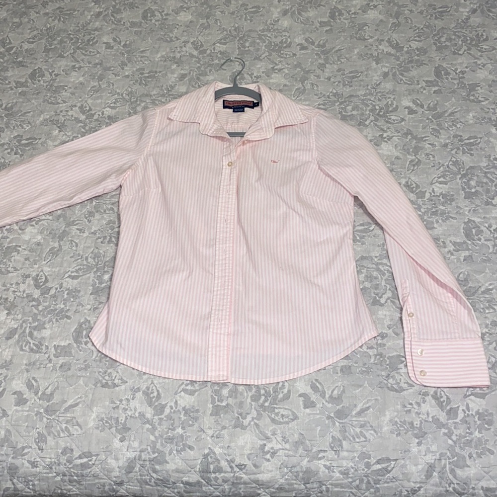 Vineyard Vines Pink and White Vertical Striped Button Down Blouse Women’s Size 4